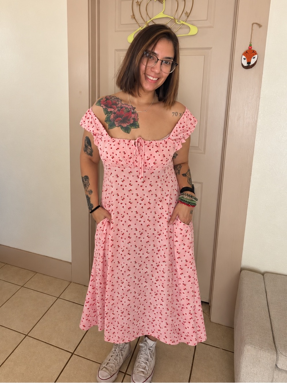 Pink Strawberry Midi Dress w/ Pockets Size L